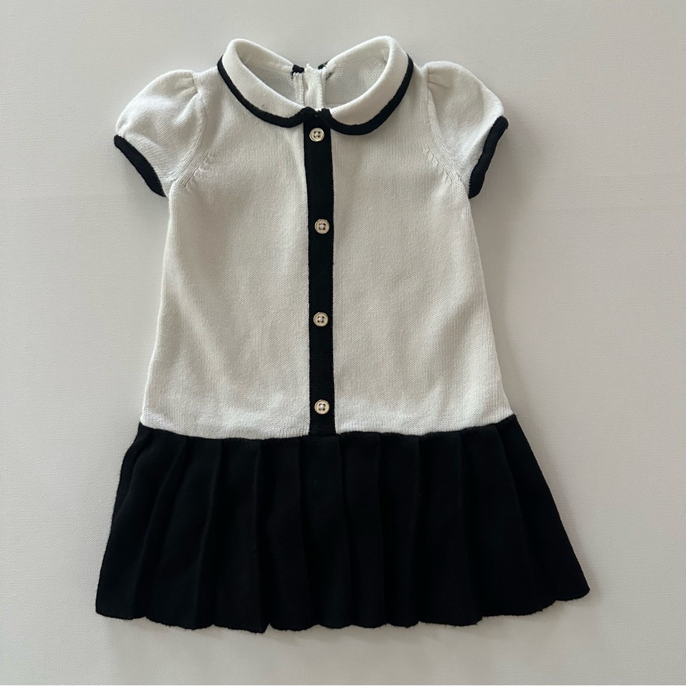 Janie and Jack 12-18 Months Baby Girl  Knit Dress White Black Pleated Collared